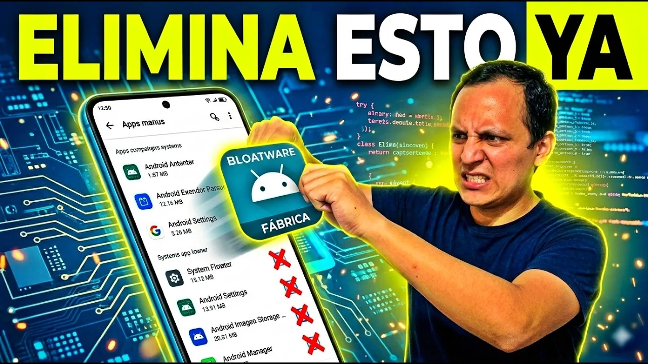 Smartphone Android flotante mostrando interfaz de aplicaciones y espacio de almacenamiento liberado, estilo tecnológico limpio